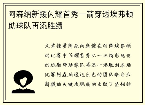 阿森纳新援闪耀首秀一箭穿透埃弗顿助球队再添胜绩