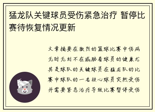猛龙队关键球员受伤紧急治疗 暂停比赛待恢复情况更新
